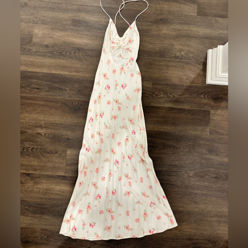 Zara Cream Maxi Slip Dress with Pink Floral Print
